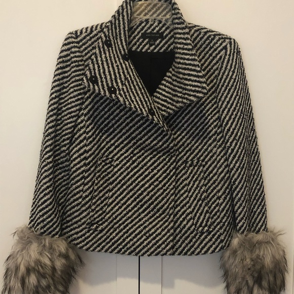 Ann Taylor Black & White Wool Blend Jacket Coat With Removable Faux Fur Cuffs XS - Picture 1 of 16